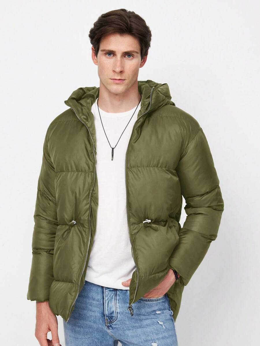 RueChic Men Drawstring Waist Hooded Puffer Coat - Green - View 1