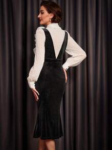 SHEIN DECDS 復古優雅女式天鵝絨拼布魚尾裙 - 黑色 - 查看 2