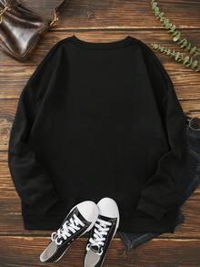 SHEIN EZwear Plus Letter & Cartoon Graphic Thermal Lined Sweatshirt - Black - View 5