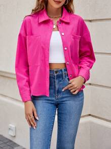 Drop Shoulder Pocket Patched Shirt - Hot Pink - View 1