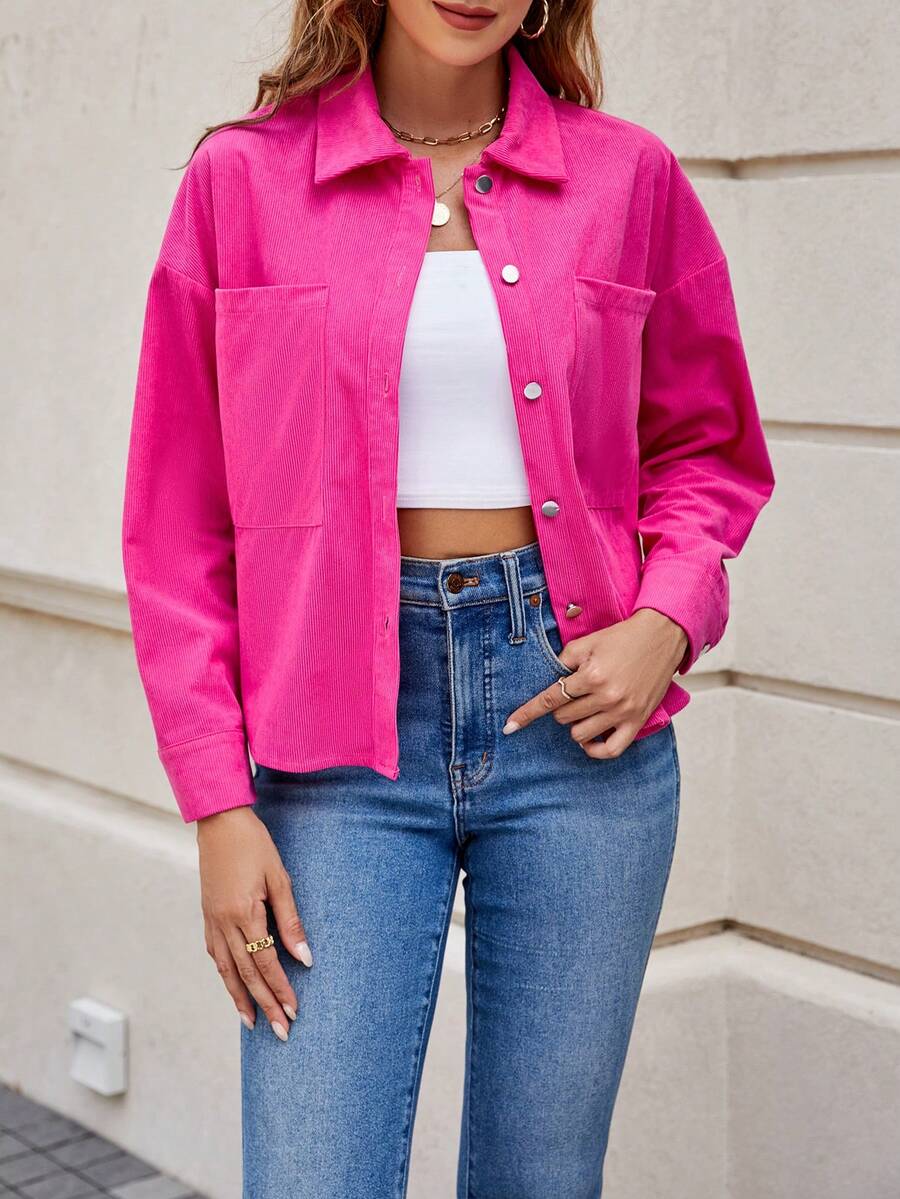Drop Shoulder Pocket Patched Shirt - Hot Pink - View 1