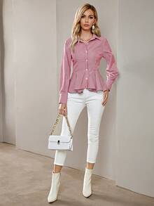 SHEIN BIZwear Striped Print Ruffle Hem Button Front Shirt - Red - View 3