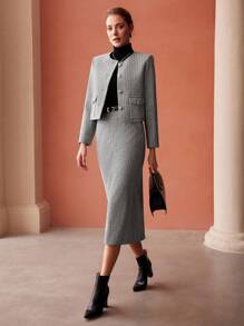 MOTF PREMIUM Len In sọc Nút phía trước Áo khoác - Xám - Xem 5