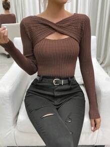 Chiquease 镂空扭结前片罗纹针织套头衫秋冬毛衣 - 咖啡棕 - 查看 6