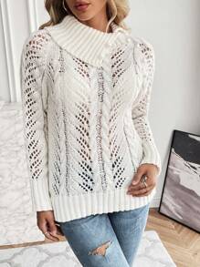 SHEIN LUNE 纯色镂空针织纽扣细节不对称领口套头毛衣，适合秋冬季穿着 - 米色 - 查看 4