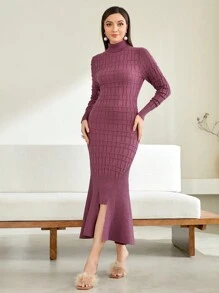 Modelyn Turtleneck Split Hem Sweater Dress Without Belt - Lilac Purple - View 5