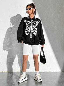 SHEIN EZwear In Bộ xương Thả vai Áo nỉ - màu đen - Xem 5