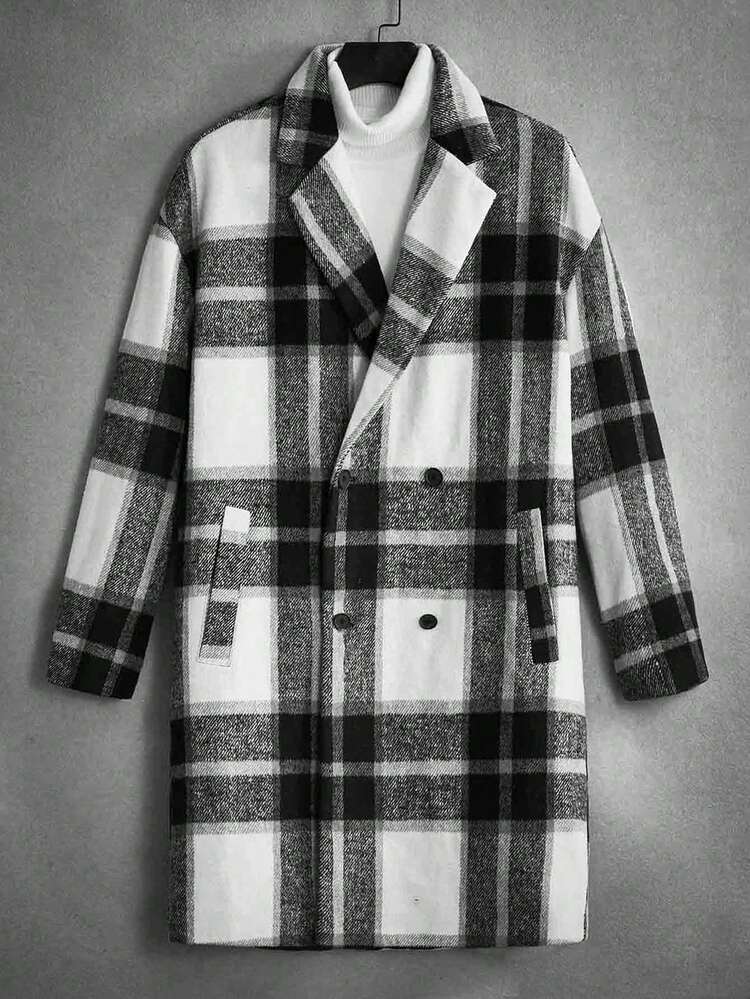 Loose Fit Plaid Double-Breasted Drop Shoulder Lapel Neck Coat Without Sweater For Men, For Fall Winter