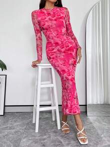 SHEIN Privé Của phụ nữ Vòng cổ In Hoa Thon gọn Lưới Đầm - Nhiều màu - Xem 3