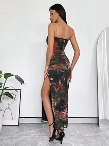 SHEIN Privé Floral Print Split Thigh Tube Bodycon Dress - Multicolor - View 2