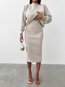 EURMUSE Mock Neck Drop Shoulder Sweater & Knit Skirt - Beige - View 1