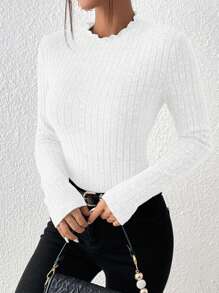 SHEIN Frenchy Mock Neck Ribbed Knit Textured Fabric Tee Winter White