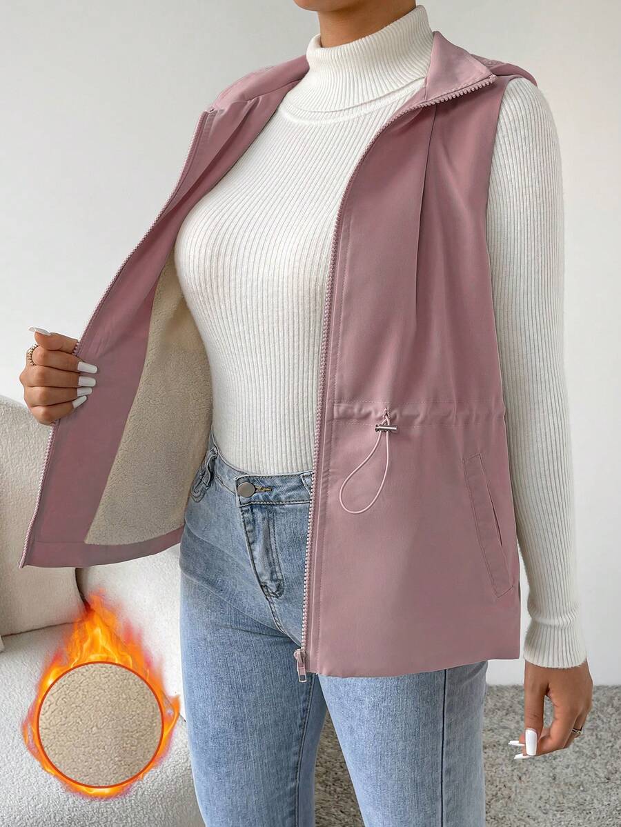 SHEIN Essnce Áo vest có dây rút, lót gấu Teddy, khóa kéo, áo khoác có đệm, quần áo mùa đông - Bụi hồng - Xem 1