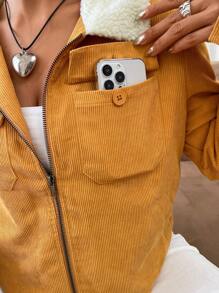 SHEIN EZwear Borg Collar Flap Pocket Zipper Up Jacket - Brown - View 6