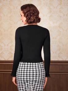 SHEIN DECDS 女款有扣透視袖毛衣,帶蝴蝶結細節 - 黑色 - 查看 7