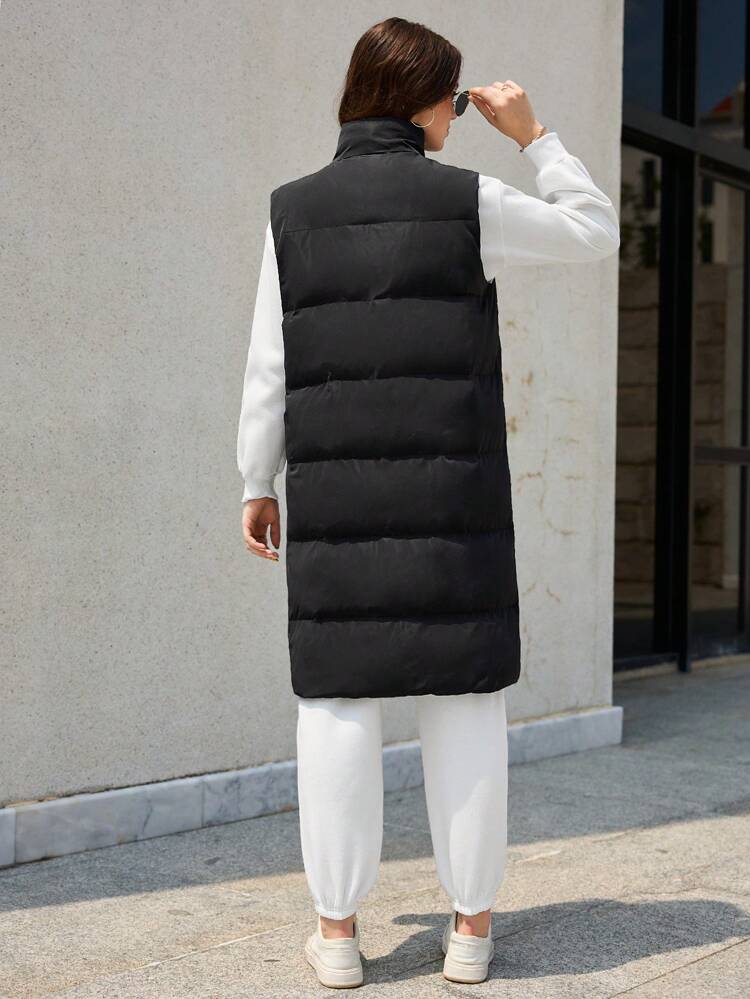 Long Winter Puff Coat Vest With Print Black Casual