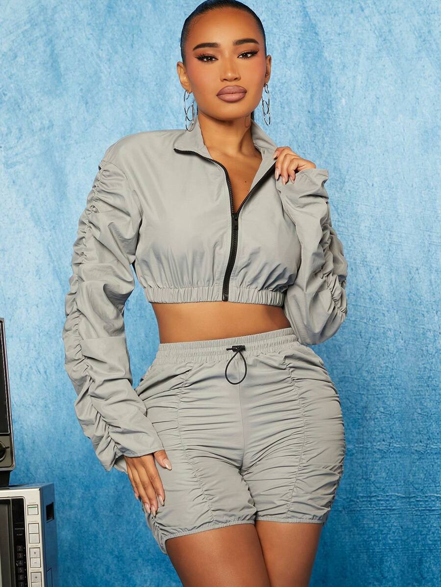 SHEIN SXY Ruched Sleeve Crop Jacket & Shorts - Grey - View 1