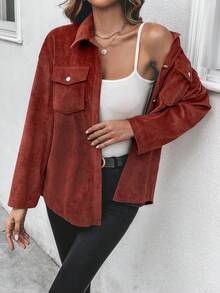 SHEIN Frenchy 翻蓋口袋落肩袖燈芯絨大衣 - 紅色 - 查看 5