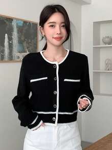 DAZY Viền tương phản Nút phía trước Áo len Mở - màu đen - Xem 4