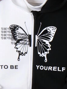 SHEIN 女小童雙色蝴蝶和標語圖案連帽夾克 - 黑與白 - 查看 4