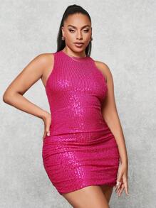 SHEIN BAE Plus Size Ladies' Christmas Party Sequin Dress In Rose Red - Hot Pink - View 4