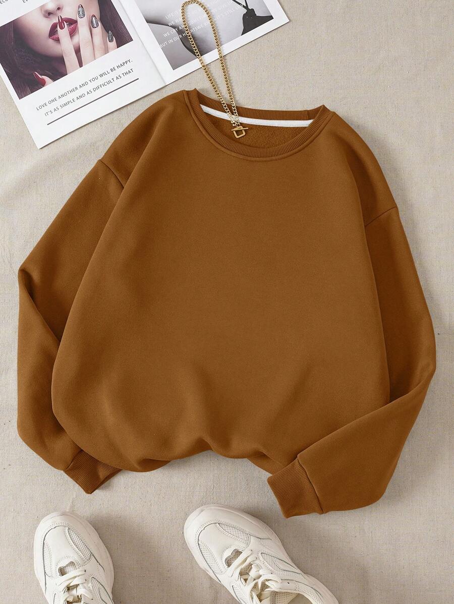 SHEIN EZwear Chất rắn Lót nhiệt Áo nỉ - màu nâu - Xem 1