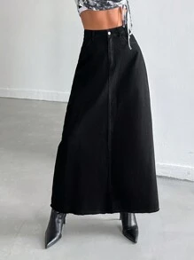 EURMUSE High Waist Slant Pocket Denim Skirt - Black - View 3