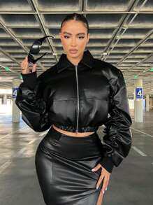 SHEIN SXY 拉链短款 PU 皮革填充大衣派对 - 黑色 - 查看 1