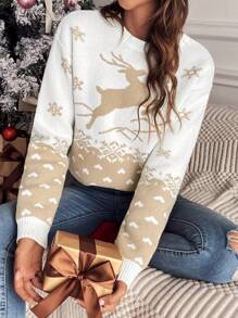 SHEIN Frenchy Christmas Pattern Drop Shoulder Sweater,Long Sleeve Tops In Fall/Winter White - White - View 1