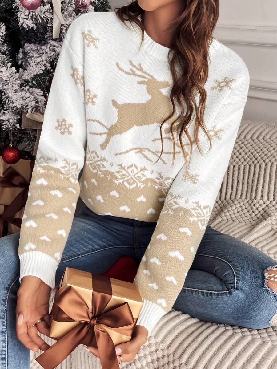 SHEIN Frenchy Christmas Pattern Drop Shoulder Sweater,Long Sleeve Tops In Fall/Winter White - White - View 1