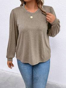 SHEIN LUNE 大碼素色燈籠袖T恤 - 銅色 - 查看 3