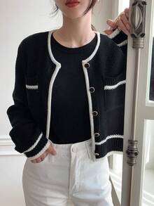 DAZY Viền tương phản Nút phía trước Áo len Mở - màu đen - Xem 5