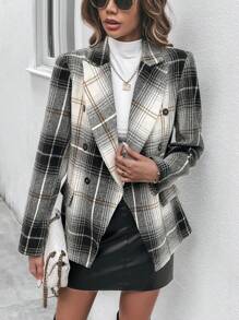 Chiquease 格紋雙排釦西裝外套 - 黑與白 - 查看 5