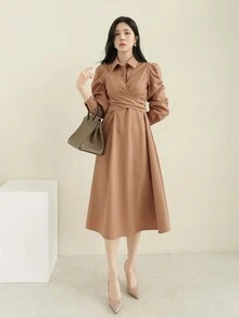 DAZY 女士商務風褐色衣服,帶有襯衫領和長袖 - 卡其色 - 查看 4