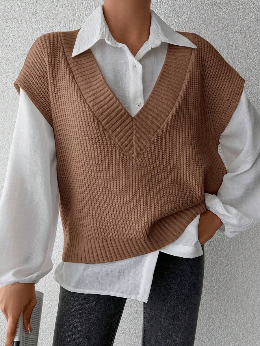 EURMUSE Solid Color V-neck Sweater Vest Without Shirt - Camel - View 1