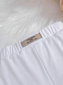 SHEIN Tween Girls' Letter Patch Detail Flare Pants, Casual & Fashionable, High-Waisted Design, Letter Patch Decor, Flare Leg - White - View 6