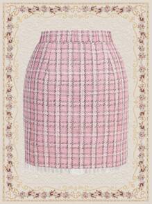 SHEIN DECDS 格紋圖案毛邊緣粗花呢半身裙 - 彩色 - 查看 4