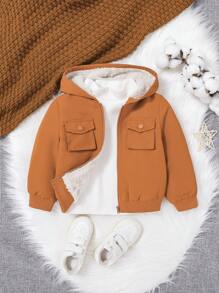 SHEIN Baby Boy Flap Pocket Teddy Lined Hooded Jacket - Brown - View 2