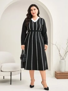 Modelyn Hơn Mẫu sọc Đầm Áo len Không có thắt lưng - Đen và trắng - Xem 3