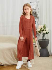 SHEIN Tween Girl 1pc Solid Tank Top & 1pc Open Front Coat & 1pc Pants - Rust Brown - View 5