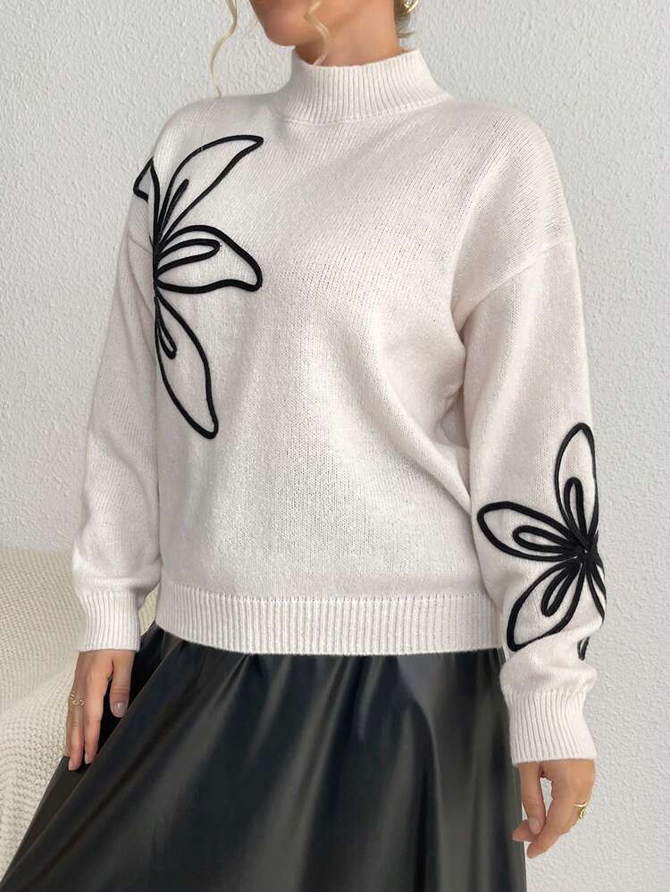 Plus Floral Pattern Mock Neck Drop Shoulder Sweater