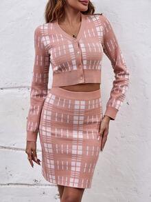 SHEIN Clasi Plaid Pattern Button Front Crop Cardigan - Pink - View 6