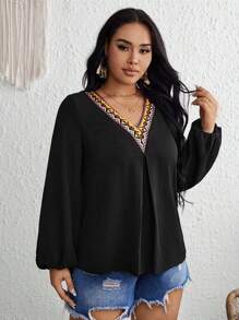 SHEIN VCAY Plus Contrast Geo Tape Lantern Sleeve Blouse - Black - View 3