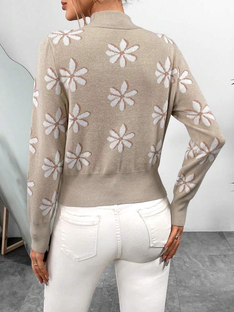 Floral Pattern Mock Neck Knit Pullover Fall Winter Sweater