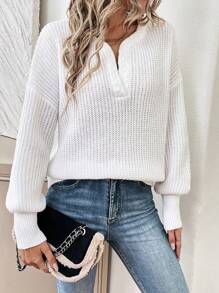 SHEIN LUNE Notched Neck Drop Shoulder Ribbed Knit Pullover Fall Winter Sweater - White - View 3