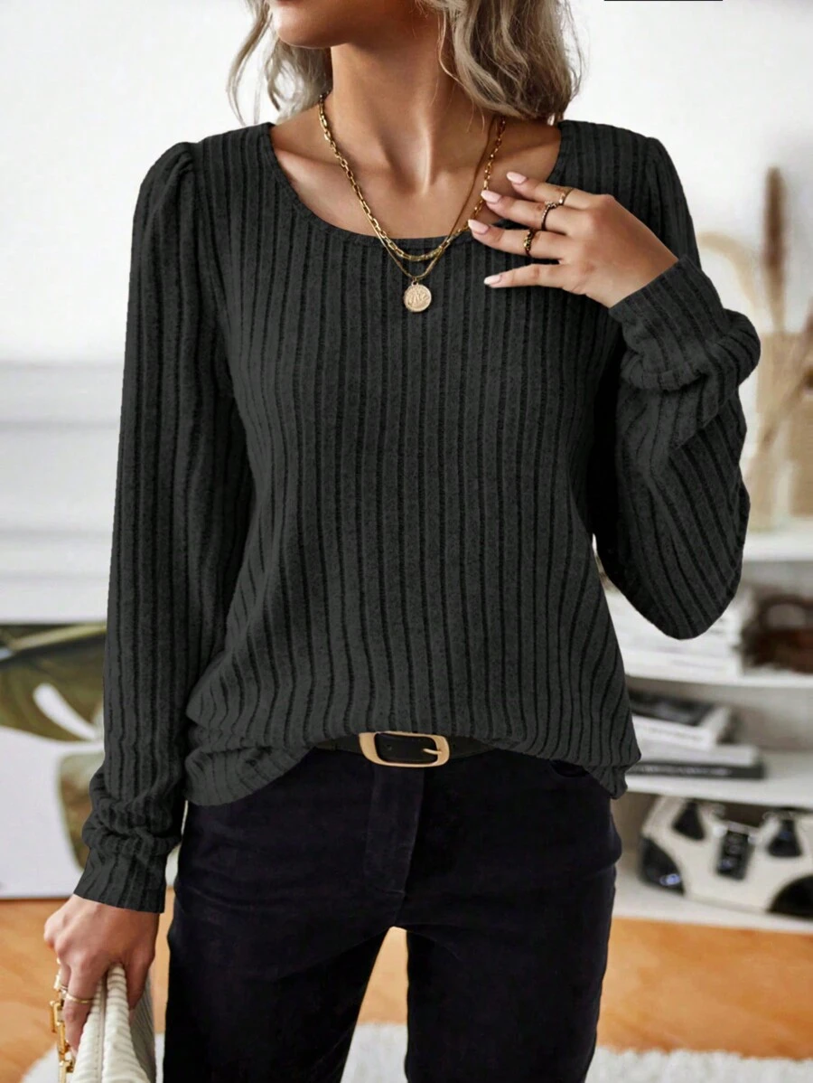 SHEIN LUNE Camiseta unicolor de manga farol tejido de canalé - Negro - Ver 1