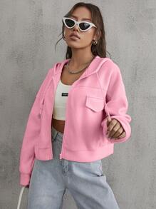 SHEIN EZwear 翻蓋細節落肩袖抽繩拉鍊連帽夾克 - 淺粉色 - 查看 6