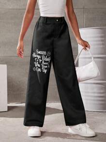 SHEIN Tween Girl Slogan Graphic Wide Leg Pants - Black - View 1