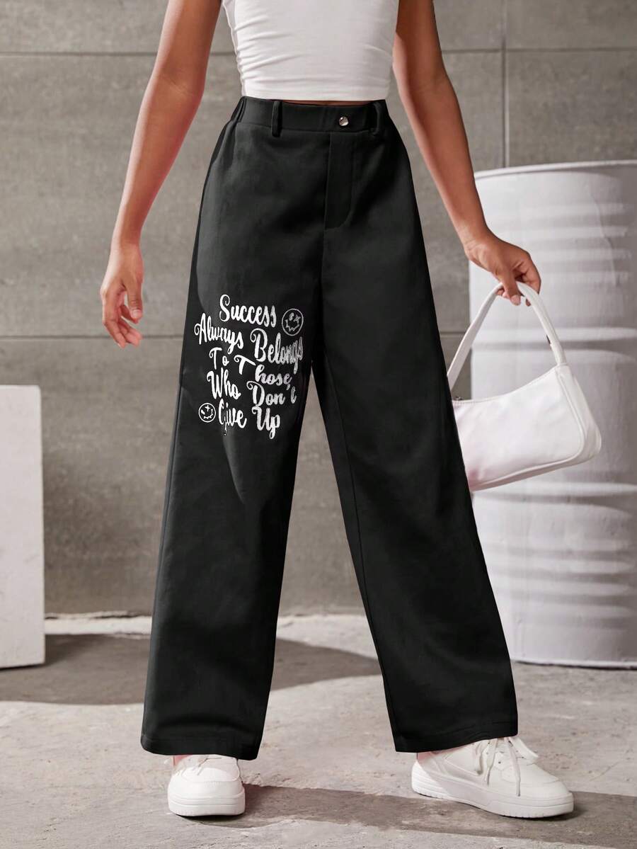 SHEIN Tween Girl Slogan Graphic Wide Leg Pants - Black - View 1