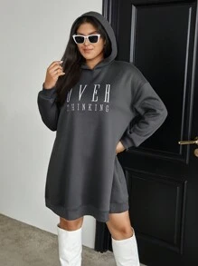 SHEIN Essnce Hơn Đồ họa Chữ cái Thả vai Đàm áo cánh có mũ - Xám - Xem 5